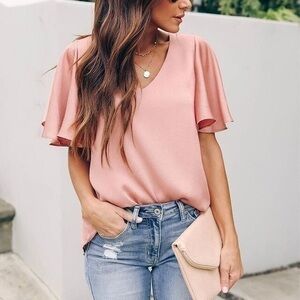 VICI TEXTURED FLUTTER BLOUSE - DUSTY ROSE SMALL